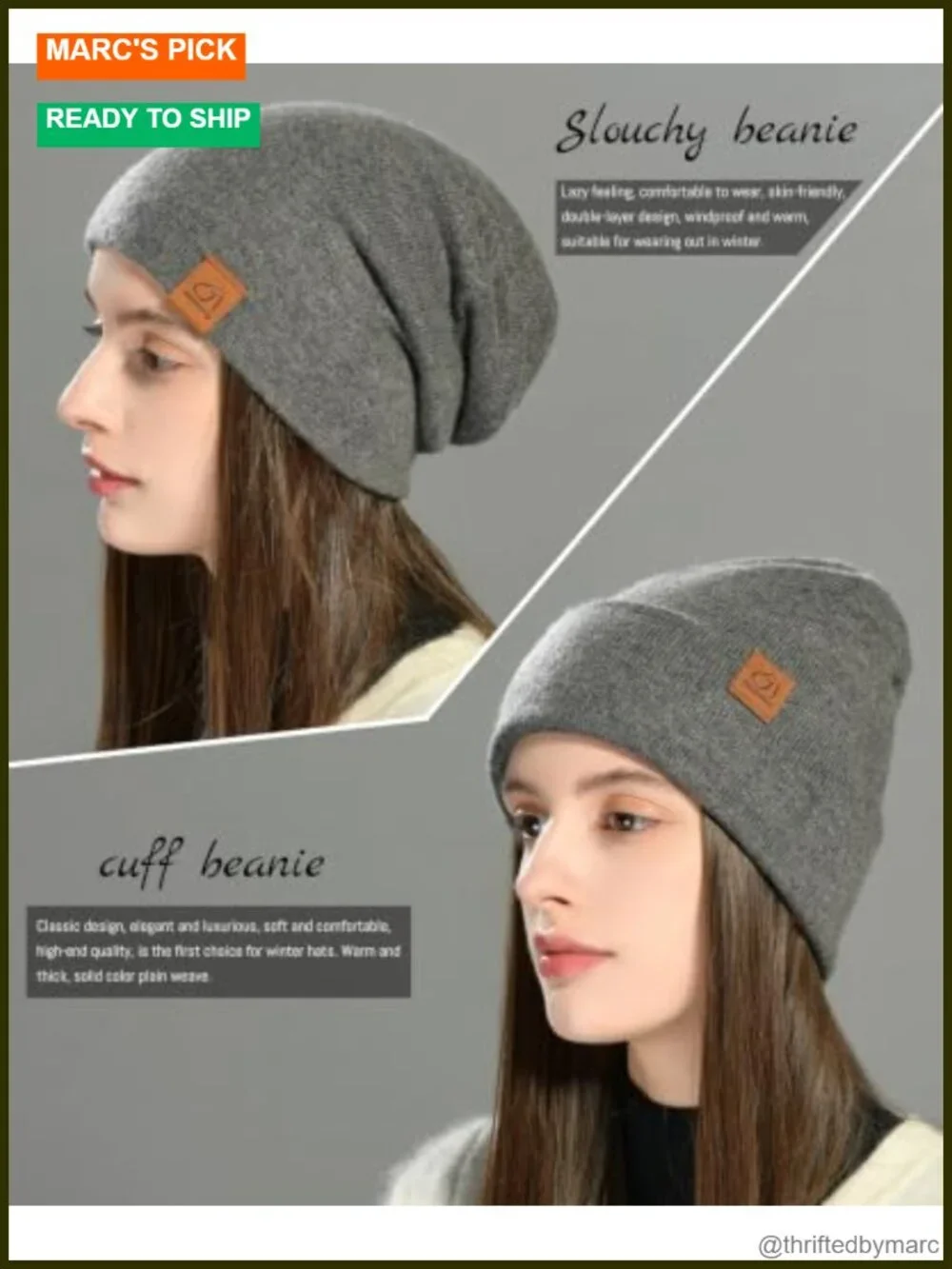 Slouchy Knit Beanie Reversible Winter Hat Soft Warm Unisex Cuffed Skull Cap